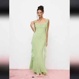 Sage Green Ruffle-Trim Formal Dress